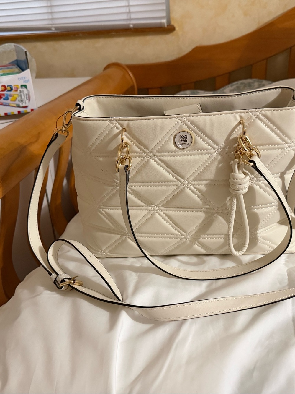 Nine West Quilted Cream Shoulder Tote with Gold Hardware